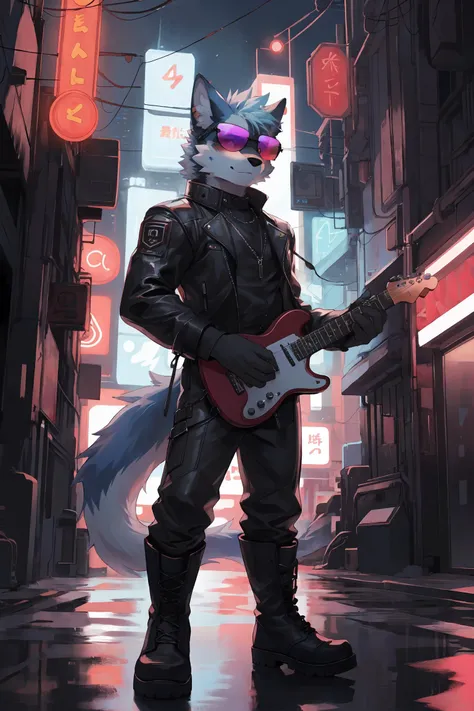 1boy,boy,solo,furry,kemono,anthro,tail,neon lights,cyberpunk city,sunglasses,leather_suit,leather clothing,boots,guitar,