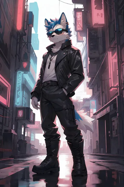 1boy,boy,solo,furry,kemono,anthro,tail,neon lights,cyberpunk city,sunglasses,leather_suit,leather clothing,boots,