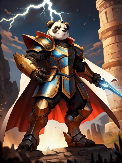 anthro humanoid male giant panda, (chibi:0.5) knight, donned in intricate mecha suit with white cape, holding lightning, fullbody, battle stance, in an ancient arena, BREAK, the ancient arena of an ancient castle is illuminated by the warm glow of the setting sun. In the center of the scene, an ancient figure of an enormous panda, dressed in intricate mecha suit with white cape and a fierce expression, stands atop a towering statue. He holds a full body, his armor gleaming in the fading light. He stands ready to face any challenge that comes his way, his eyes fixed on the battlefield ahead. This is an epic battle he's been battling for centuries.