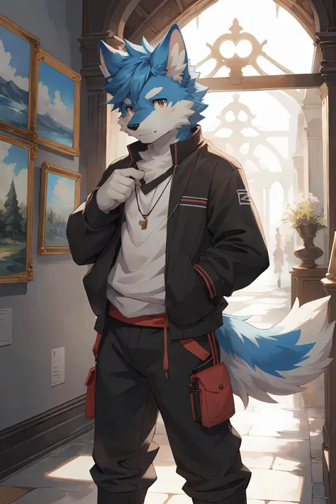 1boy,boy,solo,furry,kemono,anthro,tail,5 fingers,art gallery,