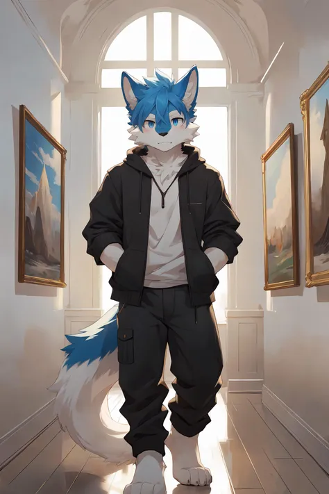 1boy,boy,solo,furry,kemono,anthro,tail,5 fingers,art gallery,