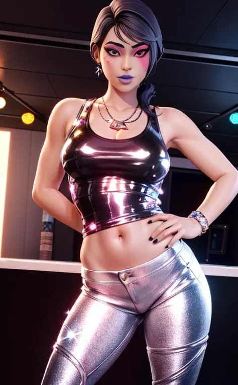 <lora:Sparkle:0.7>, xyzsparkle, 1girl, jewlery, tank top, white pants, makeup, sparkles, disco