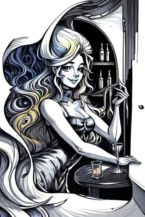 illustration of a smiling woman with long blond hair in a cocktail bar, black, white, and blue tones only
