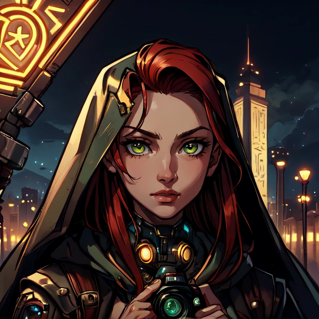 DEN_IDG_style kkw-detailMe-v1.0 kkw-ph1 , (hayl3y-001, woman with (auburn-hair), olive-green-eyes. fcHeatPortraitat) holographic-clothing, <lora:EgyptPunkAISD15p:1> egyptpunkai, scifi, BREAK solo, (full body:0.6), looking at viewer, detailed background, detailed face, ( theme:1.1), secret agent, subterfuge, surveillance, secret mission, intelligence, dynamic pose, slate spy clothes, hood, compound in background, night cinematic atmosphere,