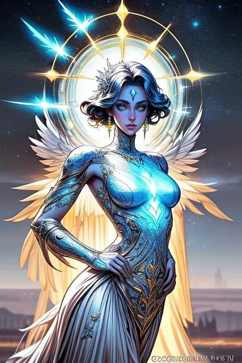 ethereal fantasy concept art of XenTAI-pos, amazing body,at distance,posing,flirting,(playful gaze, smirking:1.05),<lora:Concept_-_Celestial_v1:0.7>,celestial,angel,goddess,holy,saint,halo,<lora:Concept_-_WrenchsFantasies_v1:0.7>,wrenchsfantasy,fantasy,glowing,glowing eyes,<lora:Concept_-_More_Details_v1.0:0.7>,<lora:CONCEPT_-_Lit_by_Xpuct:0.7>, . magnificent, celestial, ethereal, painterly, epic, majestic, magical, fantasy art, cover art, dreamy