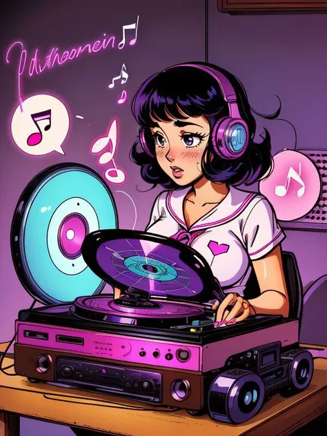 smooth perfect skin, smooth lines, extremely detailed digital comic book art by Paul Lehr , Lauren_LaForge
mind control machine, hypnotized, entranced, pheromones, (musical note:1.3), headphones, (1950s \(style\), phonograph record player), mind control music, bimbofication,
