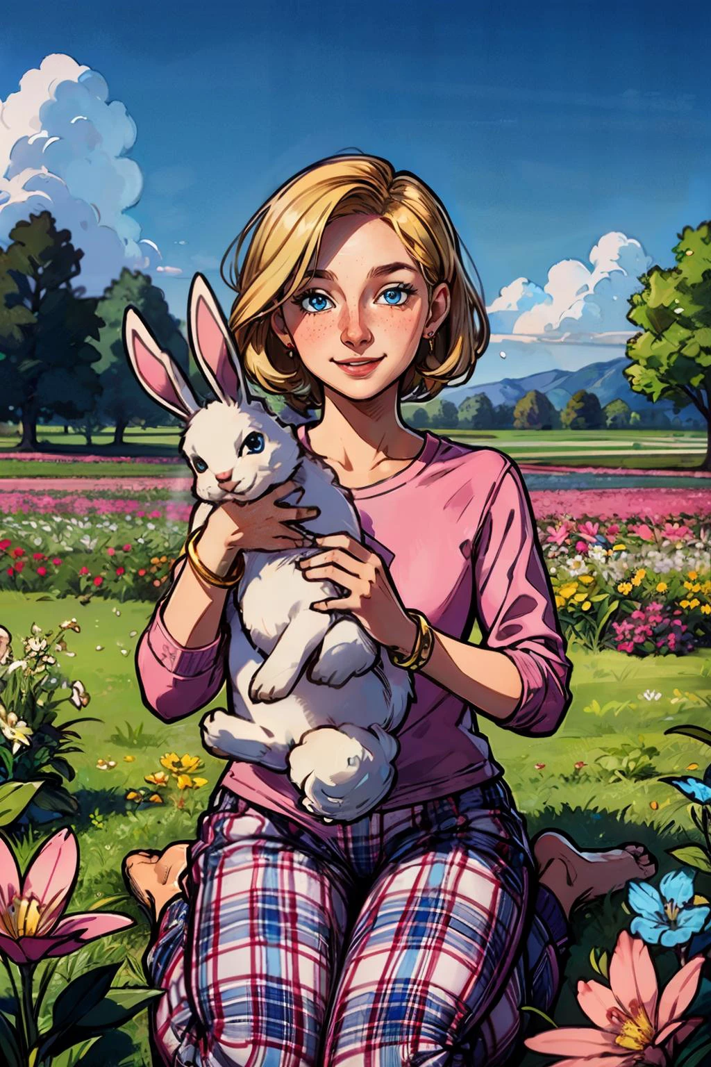 sarah,short blonde hair, blue eyes, pink shirt, black long sleeves, plaid pants, bracelet, looking at viewer, smiling, happy, sitting, wariza, on grass, holding a bunny, outside, park, flower field, blue sky, dreamy ambiance, high quality, masterpiece, <lora:saraPS4:.7>