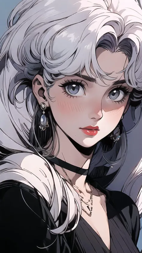 masterpiece,best quality,PIXIV,90s,style of a 1990s anime,1girl,solo,long hair,(white hair:1.5),bangs,red lips,closed mouth,blush,jewelry,earrings,looking at viewer,upper body,close-up view,simple background,<lora:s_20230805204449:1>,