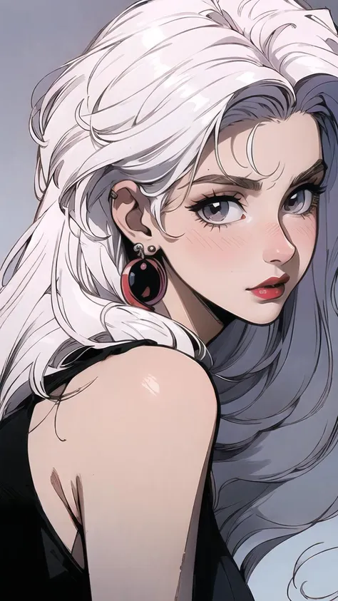 masterpiece,best quality,PIXIV,90s,style of a 1990s anime,1girl,solo,long hair,(white hair:1.5),bangs,red lips,closed mouth,blush,jewelry,earrings,looking at viewer,upper body,close-up view,simple background,<lora:s_20230805204449:1>,