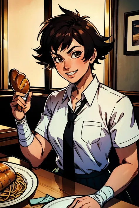 Makoto, short black hair, brown eyes, white shirt, necktie, skirt, bandages, looking at viewer, smiling, heppy, teeth, upper body shot, sitting, inside a fancy restaurant, table full of food, spaghetti, bread, candle, soft lighting, high quality, masterpiece, <lora:makoto:.7>