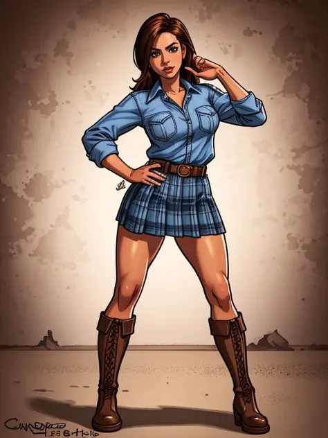 XenTAI-pos, 
Gina_Fitz, 
plaid skirt, chambray shirt, and ankle boots, 
wasteland