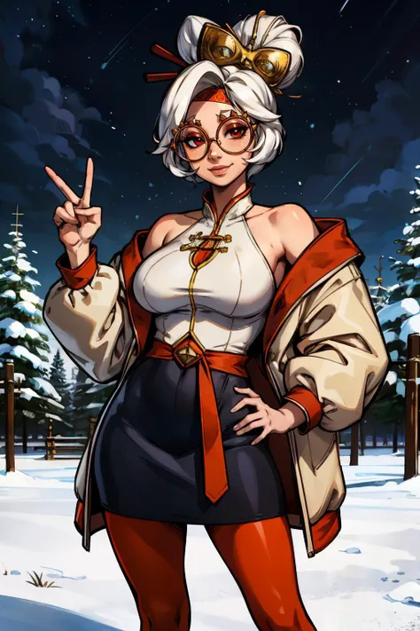 purah, red eyes, white hair, red framed eyewear, hair stick, hair ornament, large breasts, white jacket, long sleeves, off shoulder, black skirt, orange pantyhose, looking at viewer, smiling, standing, medium shot, hand, peace sign, outside, park, field, trees, winter, snow, night time, high quality, masterpiece, <lora:purah:.8>