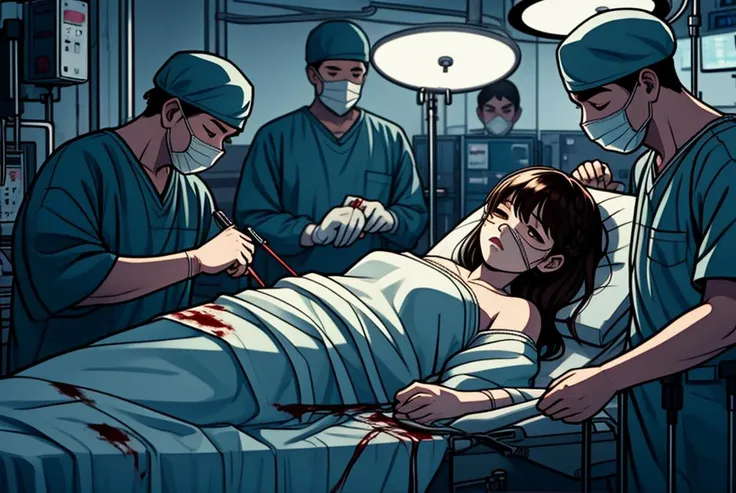 masterpiece,best quality,highly detailed,1girl,1boy,2boys,multiple boys,exhausted,sick,sleeping,closed eyes,long hair,brown hair,braid,brown eyes,bare shoulders BREAK <lora:surgery:0.6>,lying,on back,surgery,doctor,surgical light,scalpel,operating table,operating room,blanket,(((bloody, blood,blood on clothes))),mask pull,(((surgical mask, hospital gown))),from side,