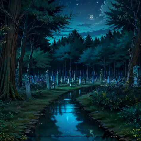 Stroll through a bioluminescent grove, where trees emit an enchanting glow under the soft moonlight., Nighttime Cityscape Light Show, Cityscape reflection,Twilight glow, Nighttime cityscape reflection,Lights mirrored in tranquil urban waters, spooky midnight ghost tour in a haunted cemetery. <lora:Background_Detail_v3:1> <lora:Detailed_Places_R-128_v1:1> <lora:detail_slider_v4:1>, (inked-original-art:1.2) (lineart:1.31) (fine-details:1.3) limited-palette <lora:add_detail:0.5> <lora:realistic:.4> <lora:GoodHands-beta2:0.8>,