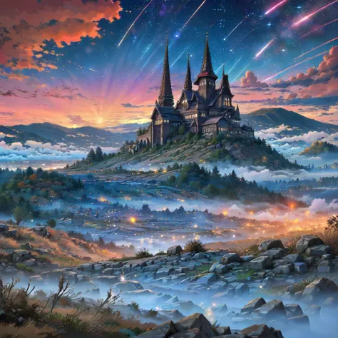 Within the tranquil ambiance of a fog-covered moor, secrets veiled in mist, Epic Battle on a Galactic Starship, Urban skyline at sunset,Purple-orange horizon, Breathtaking wildlife migration,Herds moving across vast landscapes, Witnessing a breathtaking meteor shower in the sky. <lora:Background_Detail_v3:1> <lora:Detailed_Places_R-128_v1:1> <lora:detail_slider_v4:1>, (inked-original-art:1.2) (lineart:1.31) (fine-details:1.3) limited-palette <lora:add_detail:0.5> <lora:realistic:.4> <lora:GoodHands-beta2:0.8>,
