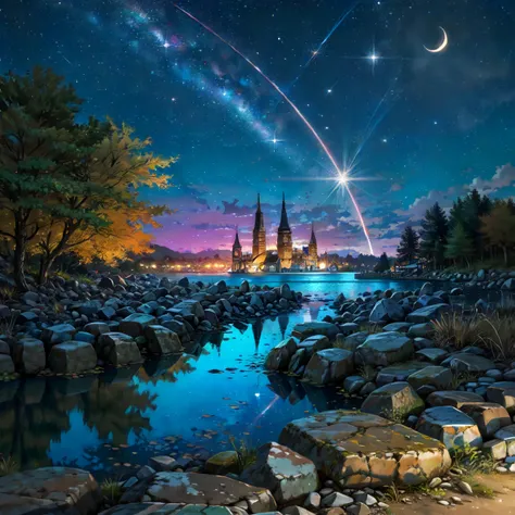 Step into a digital atelier where pixels are the medium, and creativity is the brush, crafting scenes of unprecedented beauty., Epic Battle of Elemental Titans in Night Sky, Meteor shower,Shooting stars, Vibrant carnival,Lit up with a kaleidoscope of colors, Witnessing a breathtaking lunar eclipse over a clear lake. <lora:Background_Detail_v3:1> <lora:Detailed_Places_R-128_v1:1> <lora:detail_slider_v4:1>, (inked-original-art:1.2) (lineart:1.31) (fine-details:1.3) limited-palette <lora:add_detail:0.5> <lora:realistic:.4> <lora:GoodHands-beta2:0.8>,