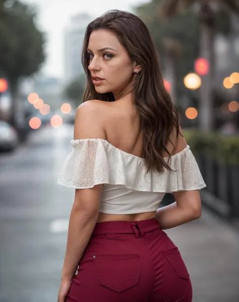 cinematic film still realistic, lightning, Aerial Shot (Aerial type photos), Framing - over-the-shoulder shot <lora:quiron_NikitaDenise_v1_Lora:0.57> NikitaDeniseQuiron woman ( a woman wearing Off-shoulder blouse and Cropped pants) . shallow depth of field, vignette, highly detailed, high budget Hollywood movie, bokeh, cinemascope, moody, epic, gorgeous, film grain, grainy