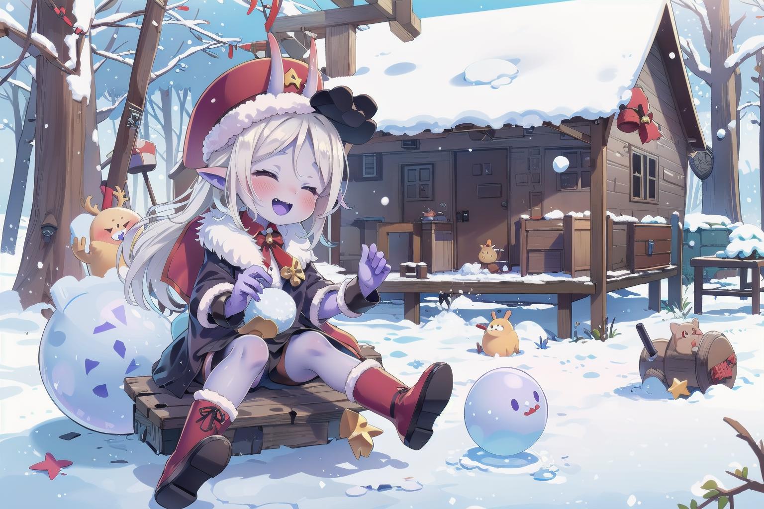 Anime girl sitting on a bench in the snow with a snowman - SeaArt AI
