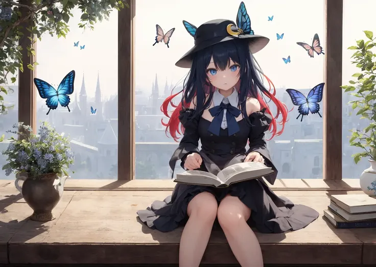 masterpiece,best quality,Detailed face description,perfect lighting,highres,full body
sitting at edge of clear water,teapot,teacup,reading book,fruit tree,(too many animal,too many butterflies:1.106),a beautiful castle in a distance,magic circle, 
1girl,black hair,(gradient hair:1.2),blue hair bow,fur-trimmed dress,crescent hat ornament,hat ornament,hair bow,bowtie,red hair bow,hat ribbon,sun visor,