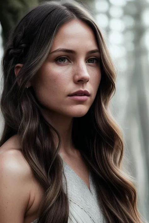 beautiful woman (Koh_DominiquePC:.99), (( Long gray ombre waves hairstyle :1.2)) , ((portrait)), (closeup:1.2), ((from the waist up)), ((( The Forest of Mirrors: A place where reality is distorted and nothing is as it seems :1.2 ))), natural skin texture, ((dark black eyeliner:1.2)), (( Dress with a Lace Halter Neck :1.2)), 24mm, 4k textures, soft cinematic light, adobe lightroom, photolab, hdr, intricate, elegant, highly detailed, sharp focus, ((((cinematic look)))), soothing tones, insane details, intricate details, hyperdetailed, low contrast, soft cinematic light, exposure blend, hdr, faded, now, ("I've got a bad feeling about this.":1.1)