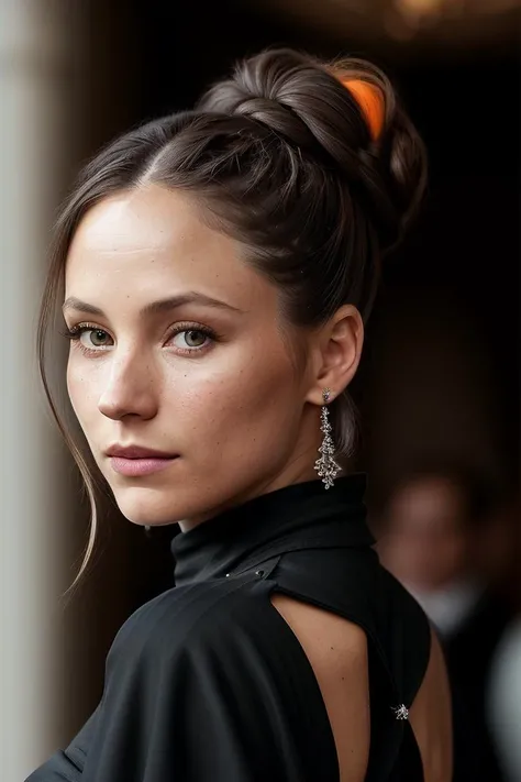 beautiful woman (Koh_DominiquePC:.99), (( Half-up, half-down orange twisted bun hairstyle :1.2)) , ((portrait)), (closeup:1.2), ((from the waist up)), ((( The Palace of Dreams :1.2 ))), natural skin texture, ((dark black eyeliner:1.2)), (( Gown with a Crossover Back :1.2)), 24mm, 4k textures, soft cinematic light, adobe lightroom, photolab, hdr, intricate, elegant, highly detailed, sharp focus, ((((cinematic look)))), soothing tones, insane details, intricate details, hyperdetailed, low contrast, soft cinematic light, exposure blend, hdr, faded, now, ("I've got a bad feeling about this.":1.1)