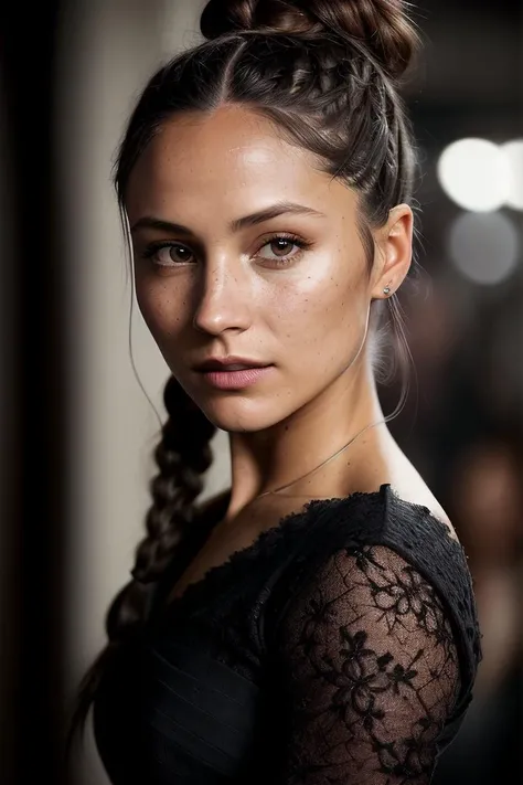 beautiful woman (Koh_DominiquePC:.99), (( Ash brown topknot hairstyle :1.2)) , ((portrait)), (closeup:1.2), ((from the waist up)), ((( The Valley of the Lost :1.2 ))), natural skin texture, ((dark black eyeliner:1.2)), (( Lace Overlay Dress :1.2)), 24mm, 4k textures, soft cinematic light, adobe lightroom, photolab, hdr, intricate, elegant, highly detailed, sharp focus, ((((cinematic look)))), soothing tones, insane details, intricate details, hyperdetailed, low contrast, soft cinematic light, exposure blend, hdr, faded, now, ("I've got a bad feeling about this.":1.1)