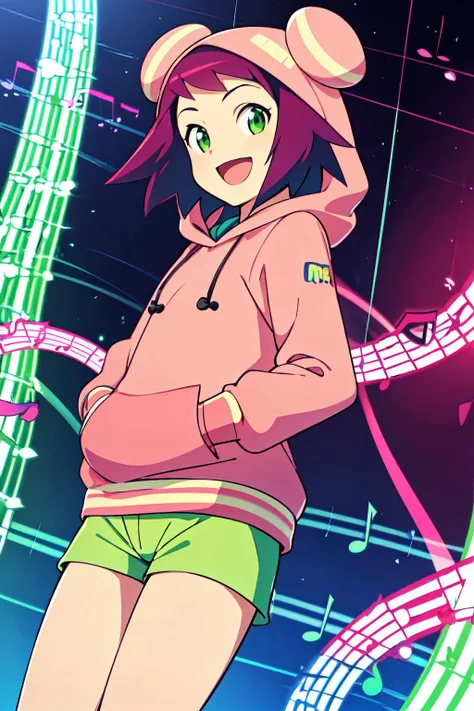 masterpiece,best quality,1girl,misorahibiki,pink hair,short hair,green eyes,pink coat,hoody,hooded coat,hooded,long gloves,fingerless gloves,green shorts,mini shorts,smile,open mouth,hands in pockets,musical note,cowboy shot,dutch angle,multicolored background,<lora:Misora:0.6>,