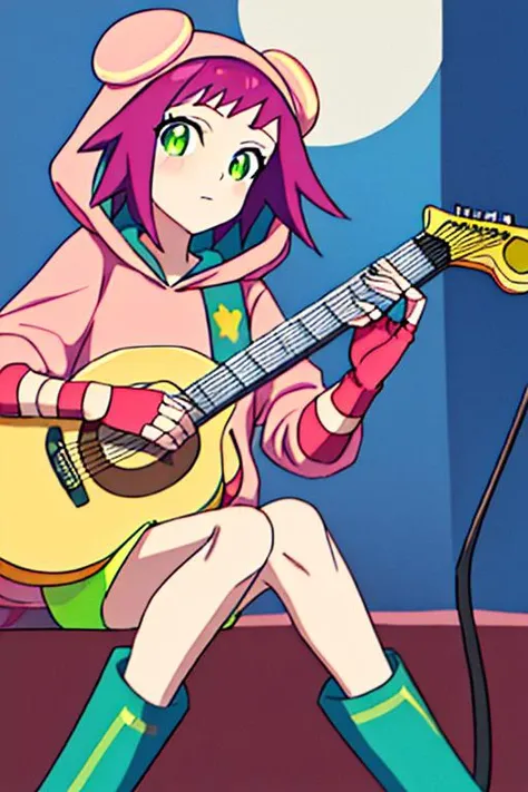 <lora:MisoraHibiki_v1:0.69>, best quality, 4k, digital painting, animation of misorahibiki playing her guitar, virtual reality in background, highly detailed, masterpiece, (detailed eyes:1.2), pink coat, hoody, hooded coat, hooded, pink gloves, long gloves, fingerless gloves, green shorts, mini shorts, blue boots, long boots, guitar, yellow guitar, purple hair, zero_two_101