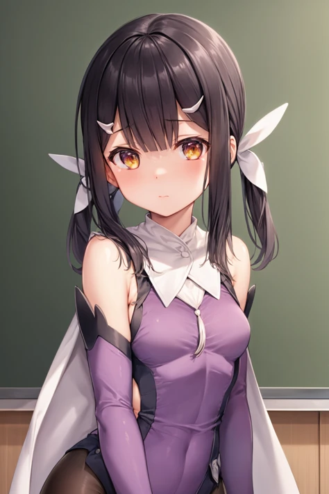 masterpiece, best quality, 1girl, miyumagirl, black hair, twintails, brown eyes, cape, detached sleeves, hair ornament, purple leotard, upper body, looking at viewer, solo, indoors, classroom background <lora:MiyuEdelfelt:1>