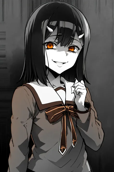masterpiece, best quality, monochrome, greyscale, ebiblue, gesugao, 1girl, miyuschoolb, black hair, brown eyes, hairclip, brown school uniform, long sleeves, upper body, smile, sketch, looking at viewer, black background <lora:MiyuEdelfelt:1> <lora:Ebiblue:1>
