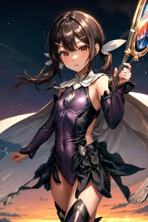 (masterpiece), best quality, (((ultra detailed, 8k quality))), expressive eyes, perfect face, perfect anatomy, perfect body, scene, <lora:scene_:0.7>, <lora:more_details:0.7>, <lora:beautiful_detailed_eyes:0.7>, miyumagirl, 1girl, black hair, brown eyes, hairclip, bangs, twintails, long hair, cape, detached sleeves, hair ornament, magical girl, purple leotard, thighhighs, boots, <lora:MiyuEdelfelt:0.8>, magical scenery, magical girl pose