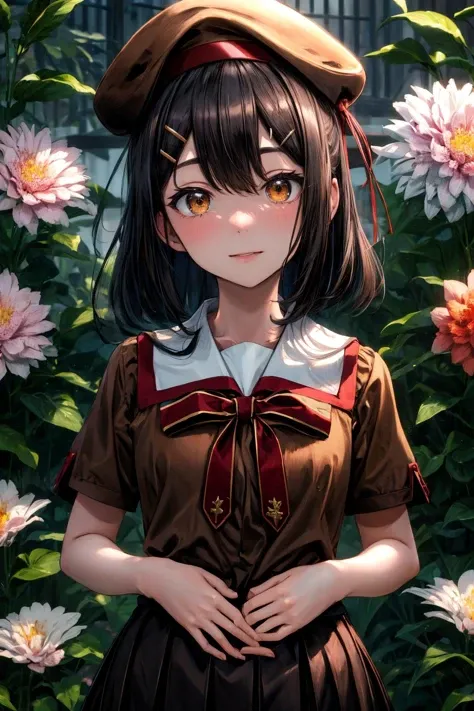 (masterpiece), best quality, (((ultra detailed, 8k quality))), expressive eyes, perfect face, perfect anatomy, perfect body, scene, <lora:scene_:0.7>, <lora:more_details:0.7>, <lora:beautiful_detailed_eyes:0.7>,  miyuschoolb, black hair, brown eyes, hairclip, beret, brown school uniform, skirt, black socks, shoes, smile, hands on hips, looking at viewer, solo,  close portrait, upper body, <lora:MiyuEdelfelt:1>, garden, flower field