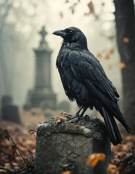 film photography style, a captivating close-up of a scarry black crow on an old weathered broken congrete gravestone in a gothic cemetery in cold autumn, try dead trees in dark grey tones, gothic, old-world charm. 35mm photograph, film grain, shallow depth of field, professional, 4k, highly detailed, diffuse hazy rim lighting, muted colors + crisp + clear, dark & grungy in the style of edgar allan poe and alex timmermans, foggy post-apocalyptic mood, death metal