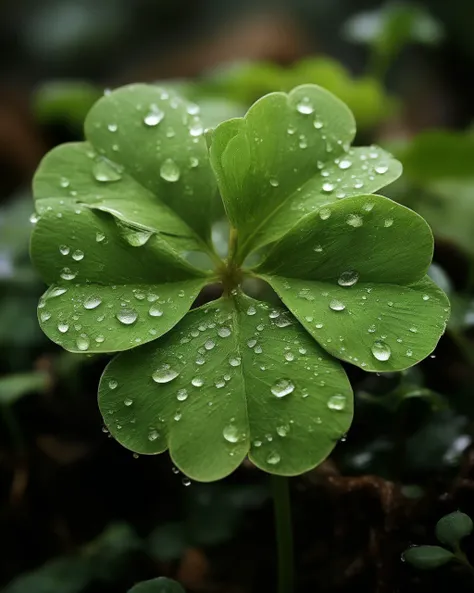 Concept: Capture the intricate beauty and symbolic significance of a single shamrock in a stunning close-up image. Central Figure: The image should be dominated by a single, perfectly formed shamrock. Focus: Pay close attention to the details of the shamrock, including the delicate veins running through the leaves, the subtle dewdrops clinging to the edges, and the vibrant green color. Background: Use a soft, blurred background with subtle hints of an Irish landscape, such as rolling hills or a clear blue sky. This should keep the focus on the intricate details of the shamrock. Lighting: Employ soft, natural lighting that highlights the textures and depth of the leaves. Mood: The image should evoke a sense of peace, tranquility, and appreciation for the beauty and symbolism of the shamrock. Use a shallow depth of field to ensure the shamrock remains sharp and in focus, while blurring the background to create a dreamlike effect.
