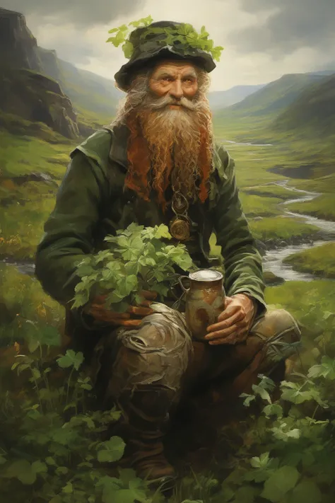 A mischievous leprechaun holding a Shamrock - prominent clover, pot of gold, Celtic Cross symbol, Irish Landscape, a glimpse of rolling green hills and a sparkling river representing the beauty of Ireland, Celtic knots, Ogham script, rich symbolism of Saint Patrick's Day,