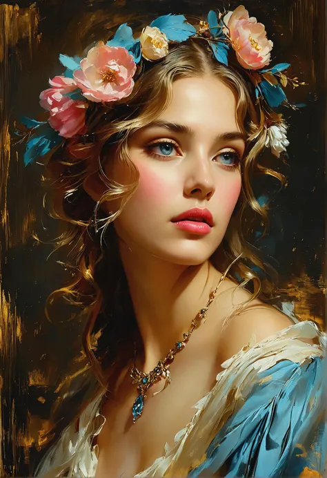 Mysterious woman, dark eyes peering with intent, pink lips complement her fair complexion, golden tresses cascading, adorned in soft blue attire with white accents, large deep pink flower crowned atop her head, face illuminated by perfect lighting amidst a blurred backdrop of brown, beige, and gold hues, sharp clarity on her visage surrounded by smoky pastel-colored brush strokes, invoking a museum