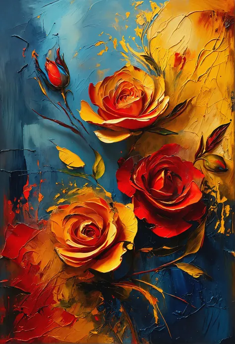 Abstract painting in boho style, beige and dark blue canvas, intense red and golden yellow highlights creating smoky undefined corners, faded oil paints with visible reliefs, central red rose branch meticulously drawn across the canvas, satin textures, evoking Degas’s mural techniques, ultra HD, vivid colors, UHD drawing, pen and ink techniques, perfect composition, octane render, trending on ArtStation, 8k resolution, photorealistic