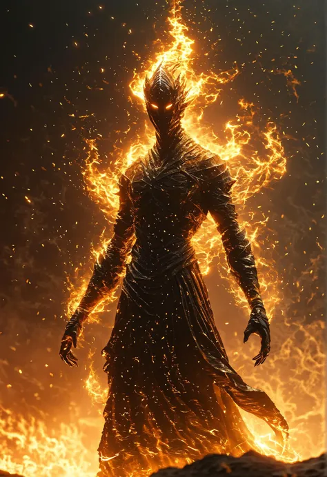 jinn demonic creature, showcasting as a dance of a fire elemental entity, magical, unreal, ultra HD visual effects, octane render, ureal engine,a translucent flaming formless creature made of fire, pure flame, fluid fire in a form,of a Sandstorm, epic dramatic sanddunes, volumetric lightning, perfect detailed textures, ultra realistic, studio lighting, dramatic, Translucent creature, flame light emanates from his interior, like the sun perfect,