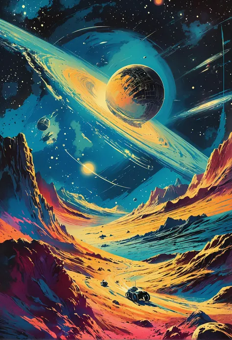 Vintage sci-fi pulp comic illustration showcasing infinite space, characterized by bold, expressive guilloche patterns, CMYK-limited half-toning technique, featuring creative work attributed to BUZATRON, dynamic perspective, rich textures, intense contrasts, aged paper effect, surreal elements, evocative of classic space opera narratives, octane rendering.