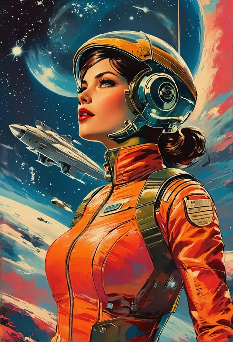 Vintage sci-fi pulp comic illustration showcasing infinite space, characterized by bold, expressive guilloche patterns, CMYK-limited half-toning technique, featuring creative work attributed to BUZATRON, dynamic perspective, rich textures, intense contrasts, aged paper effect, surreal elements, evocative of classic space opera narratives, octane rendering.