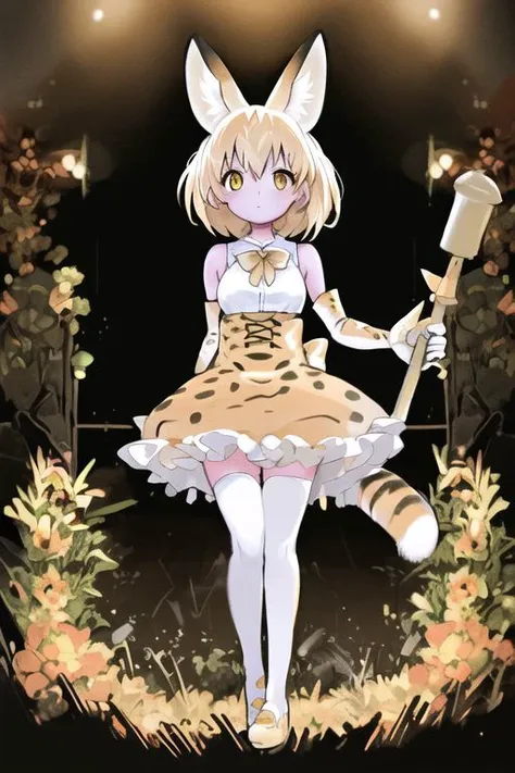 masterpiece, highres, best quality, 1girl, serval kemono friends, serval tail, serval ears, blonde hair, orange bow, serval print, sleeveless shirt, short hair, yellow eyes, thighhighs, elbow gloves, full body, white footwear, heavy breasts, diffuse lighing, depth of field, open space, ultra-detailed, 8k