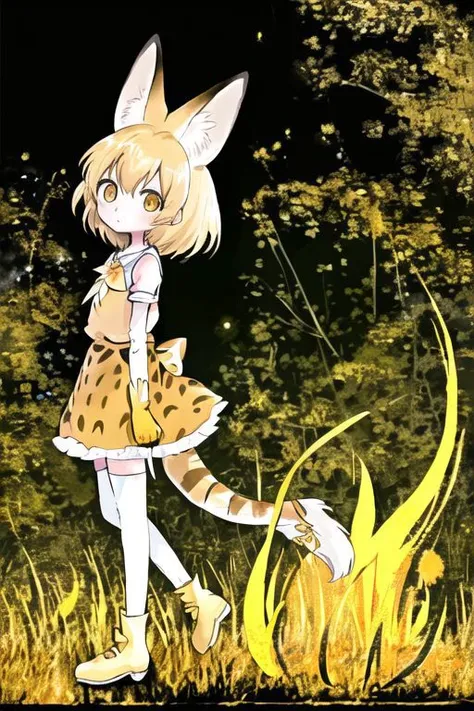 serval kemono friends, serval tail, serval ears, blonde hair, orange bow, serval print, sleeveless shirt, short hair, yellow eyes, thighhighs, elbow gloves, full body, white footwear, heavy breasts