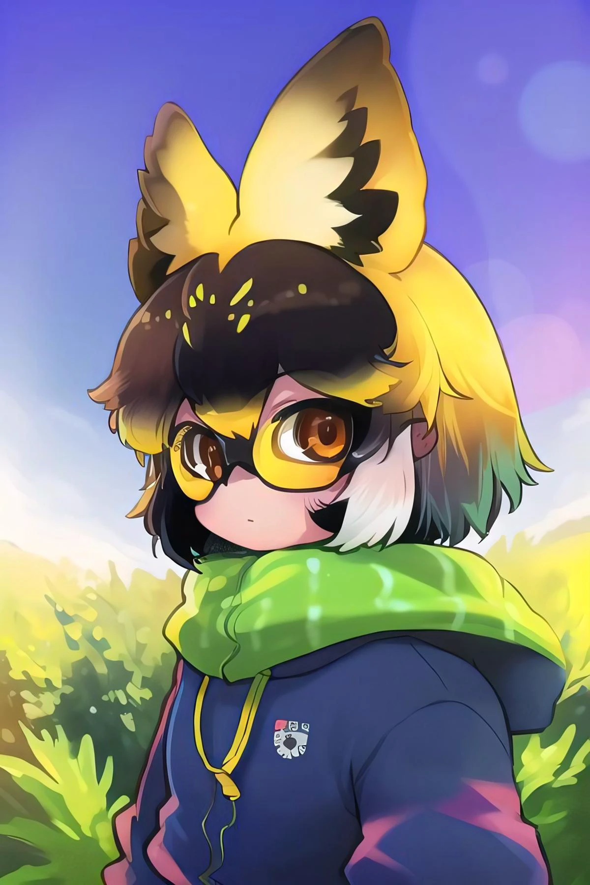 melaton-style, kemono friends, masterpiece, intricately detailed, best quality, highres 4k, expert shading , isna-style, thick outlines,gradient background, plump