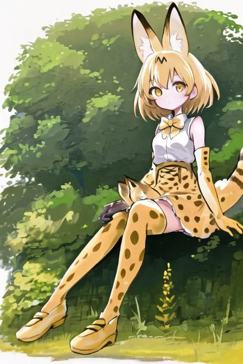 masterpiece, highres, best quality, 1girl, serval kemono friends, serval tail, serval ears, blonde hair, orange bow, serval print, sleeveless shirt, short hair, yellow eyes, thighhighs, elbow gloves, full body, white footwear, heavy breasts, diffuse lighing,