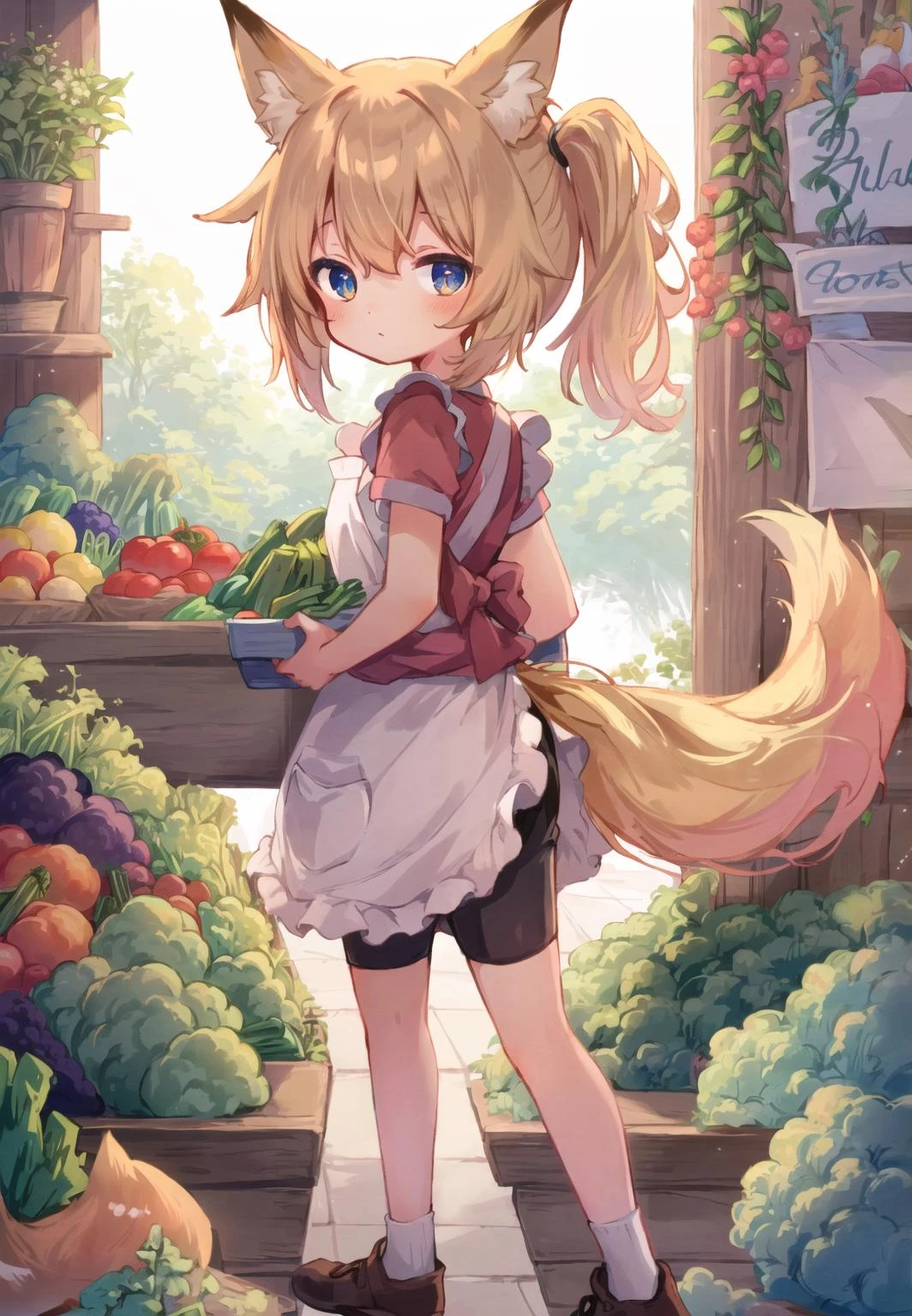 masterpiece, best quality,
((vegetables shop)), solo, apron, (working), ((foxgirl)), (foxtail), (fox ears), ((())), ((bike_shorts)), deep levels, soft lighting, detailed face and eyes, low ponytail, ,