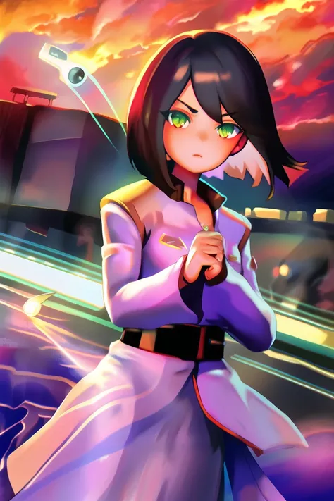 , best quality, masterpiece, intricately detailed, diffuse dynamic lighting, expert shading,nakano, sharp, highres, 4k,hdr,Aki Ross, FF The Spirits Within, grey futuristic uniform, dark hair, bobcut, sharp chin, caucasian features, headlamp, blaster