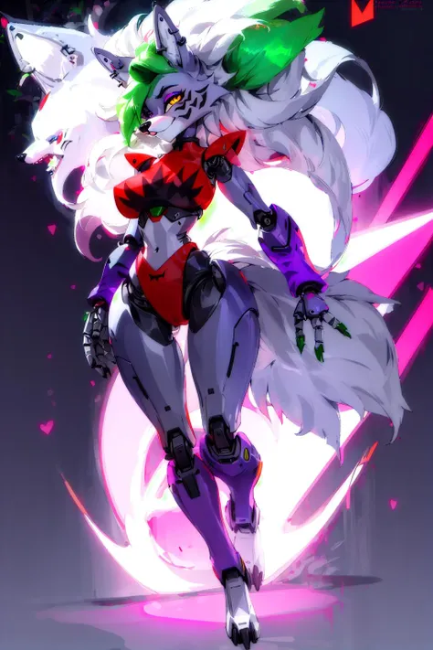 (detailed eyes, detailed face), female robot, furry anthro, roxanne,wolf nose,  <lora:roxanne-novelai:1>, full body, black light