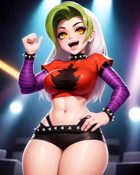 (1girl:1.2), silver hair, human, (dark skin, brown body, brown skin:1.2), (best quality, masterpiece:1), fully clothed, small breasts, red shirt, (roxanneshirt:1.3), (roxannebottom:1.3), spiked belt, arm warmers, spiked collar, action pose, open mouth, (yellow eyes:1.2), (rock concert stage background:1.0), octane render, <lora:roxanne-novelai:0.9>