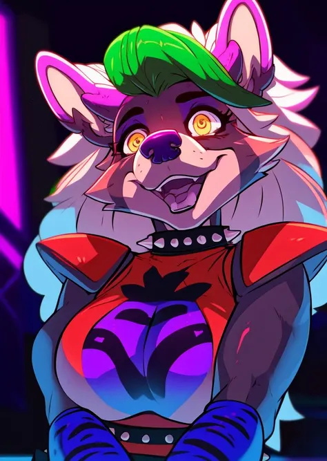 1girl, <lora:roxanne-AOM3-000008:1>, roxanne, furry anthro, wolf, roxanneshirt, roxannebottom, shoulder pads, arm warmers, leg warmers, spiked collar, spiked belt, spiked bracelet, spiked anklet, medium breasts, stare, simple background, closed mouth, upper body, <lora:GGST_Artwork:1>, close-up, (detailed face, detailed eyes, yellow eyes:1.2), (masterpiece, highres, octane render, 4k, hd, detailed:1.2), purple lights, (dimwitdog style:1.1), detailed clothes, dynamic light