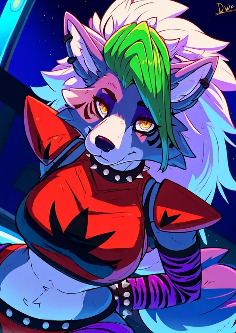 1girl, <lora:roxanne-AOM3-000008:1>, roxanne, furry anthro, wolf, roxanneshirt, roxannebottom, shoulder pads, arm warmers, leg warmers, spiked collar, spiked belt, spiked bracelet, spiked anklet, medium breasts, stare, simple background, <lora:GGST_Artwork:1>, close-up, (detailed face, detailed eyes, yellow eyes:1.2), (masterpiece, highres, octane render, 4k, hd, detailed:1.2), purple lights, (dimwitdog style:1.1), detailed clothes, dynamic light